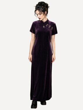 Vintage Y2k Velvet Maxi Dress WHimsy Goth Cuberpunk Purple Cheongsam Quipao